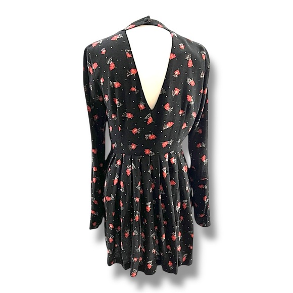 FREE PEOPLE🎄Black with Red Floral white dots keyhole front & back Long Sl SZ SP - Picture 3 of 9